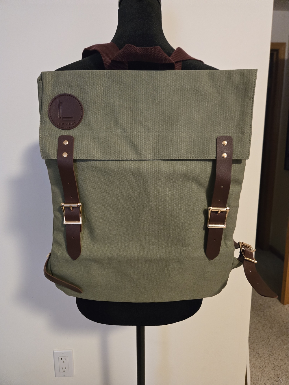 LouLu Olive Canvas Backpack with Brown Leather Straps **NEW**
